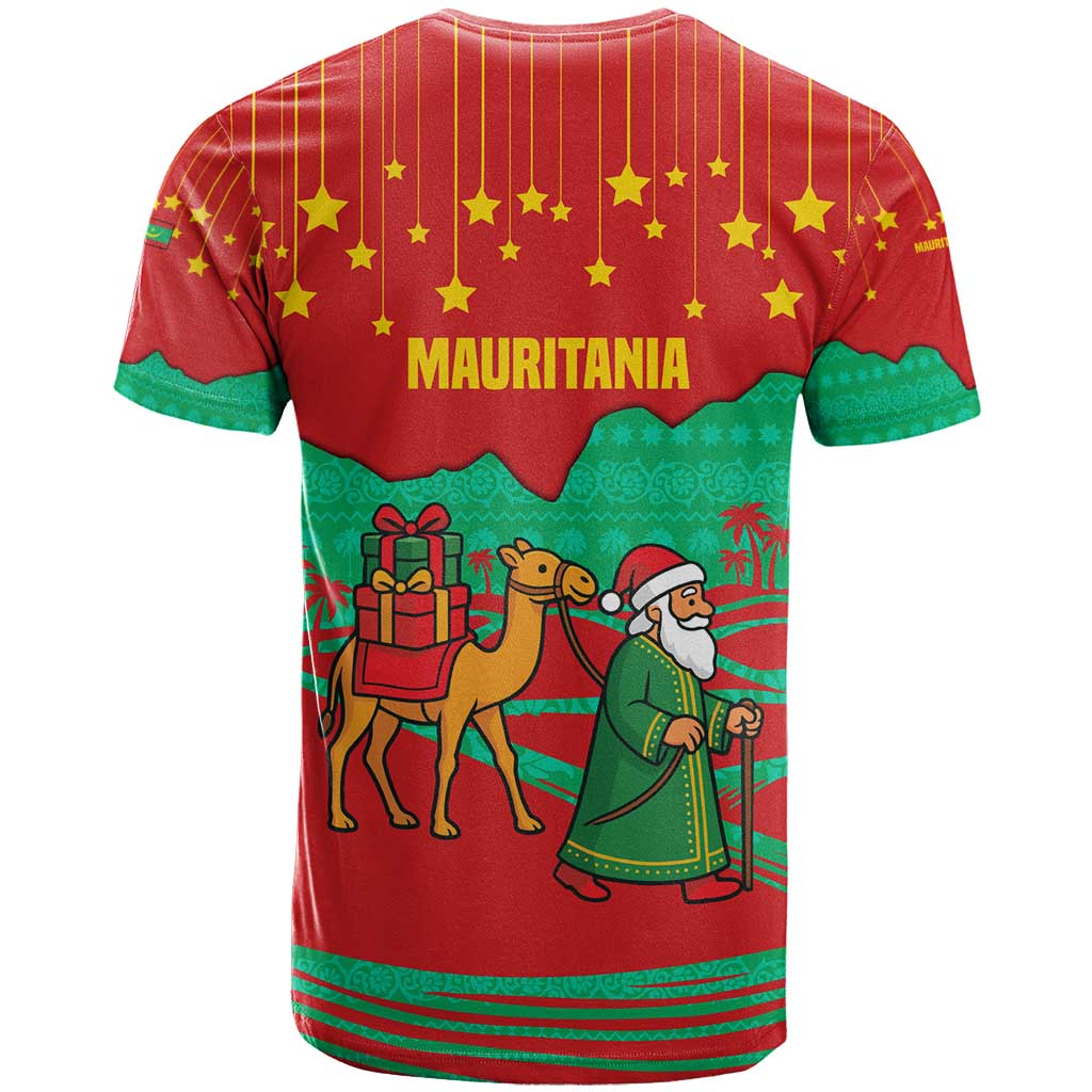 Mauritania Christmas T-Shirt with Santa Claus Camel Gift Boxes Starry Sky and Desert Pattern Design Graphic Tee
