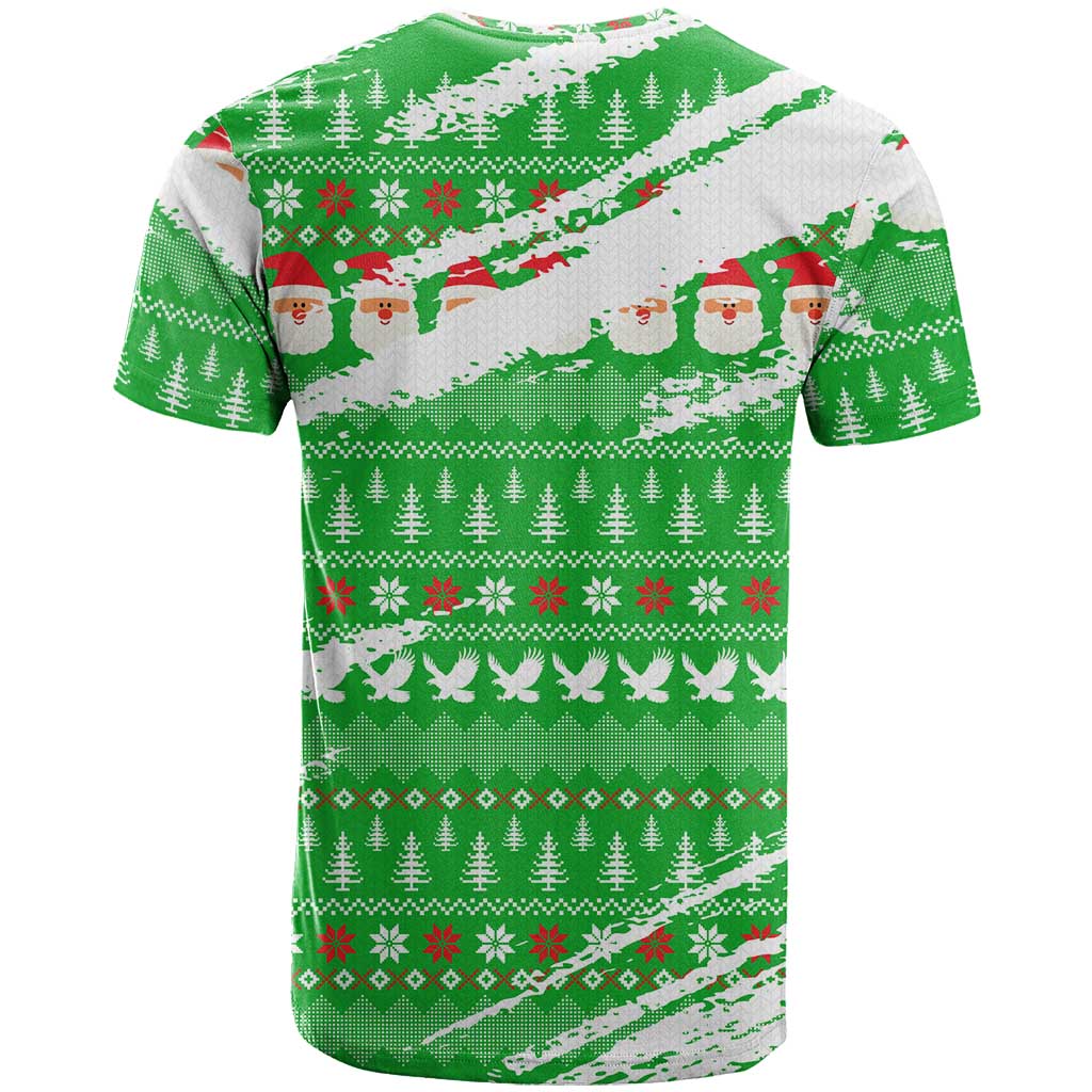 Djibouti Christmas T-Shirt with Santa Eagle Doves Trees and Green Snowflake Holiday Graphic Tee