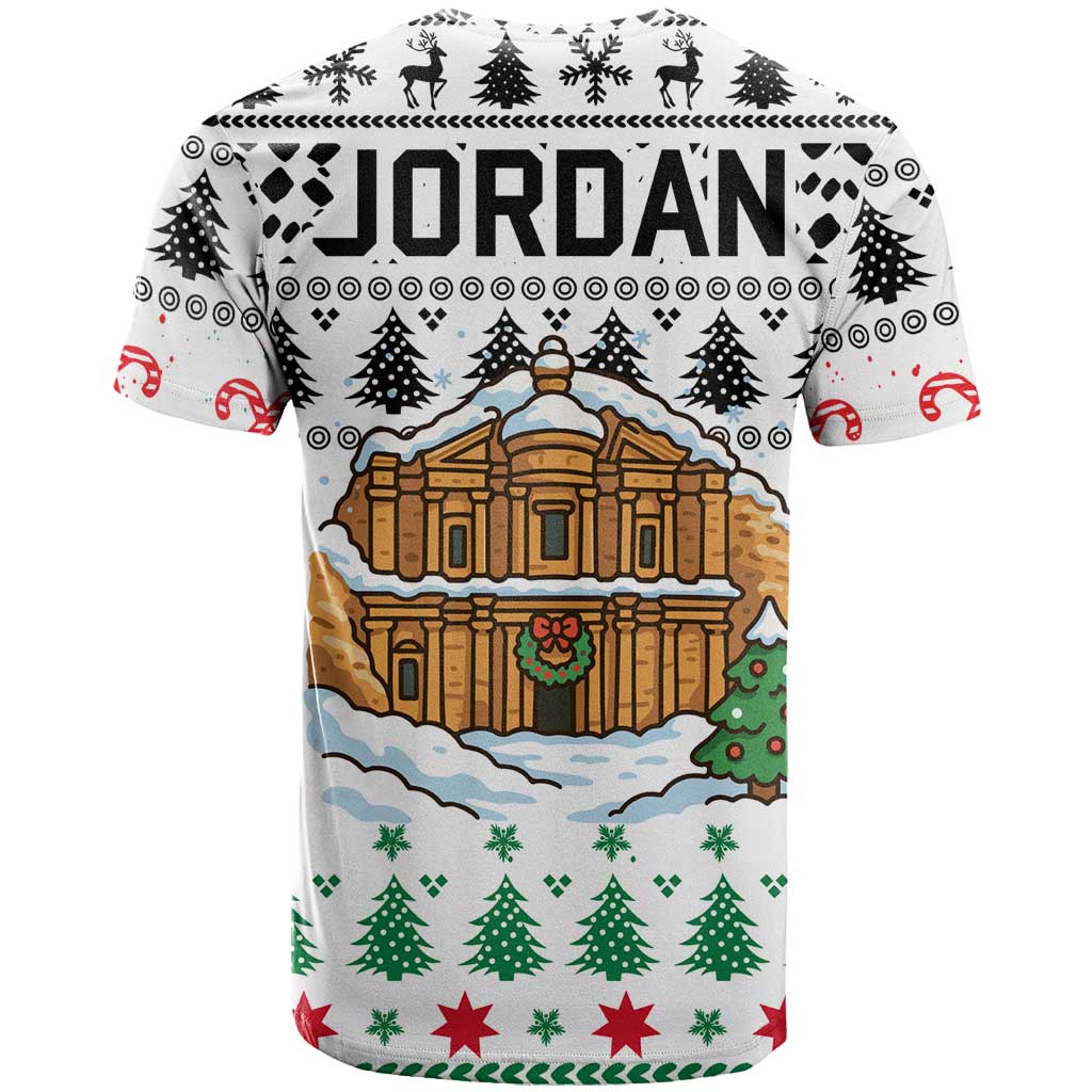 Jordan Christmas T-Shirt with Petra Monastery Snow Christmas Trees and Candy Cane Pattern Graphic Tee