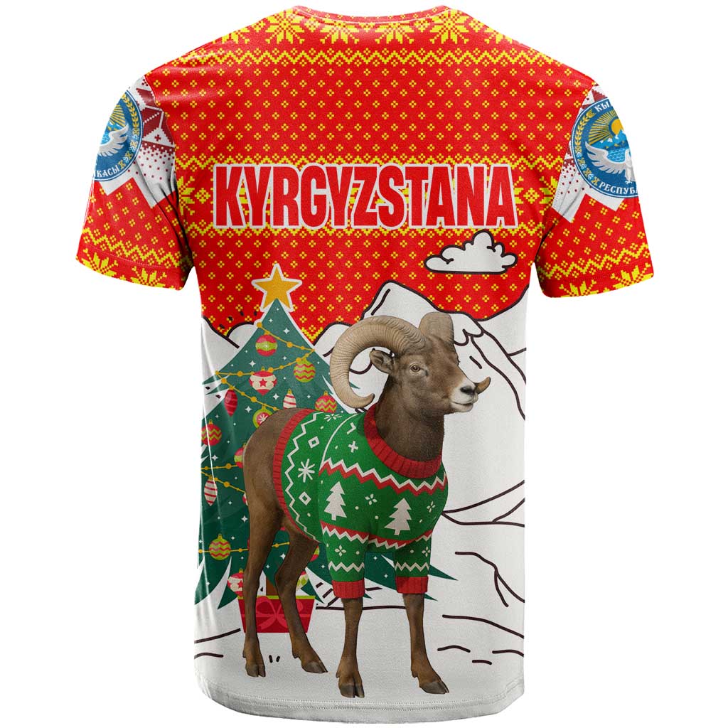 Kyrgyzstan Christmas T-Shirt with Mountain Goat in Festive Red Snowflake Pattern and Holiday Tree Graphic Tee