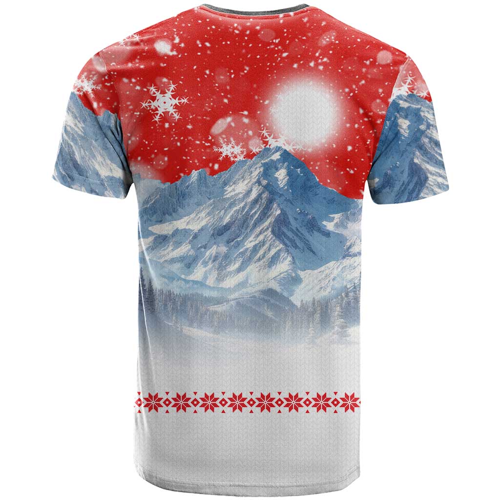 German Shepherd Christmas T-Shirt with Santa Sleigh Ride and Snowy Mountain Design Graphic Tee