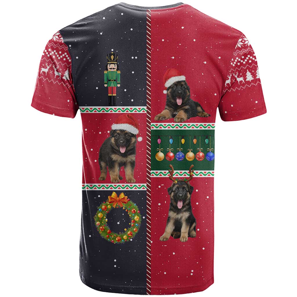 German Shepherd Puppy Christmas T-Shirt with Ornaments Wreath and Nutcracker Design Graphic Tee