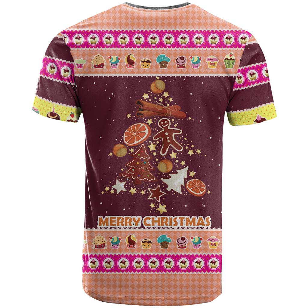 Christmas Cookie T-Shirt with Gingerbread Tree Candy Ornaments and Sweet Treat Pattern Graphic Tee