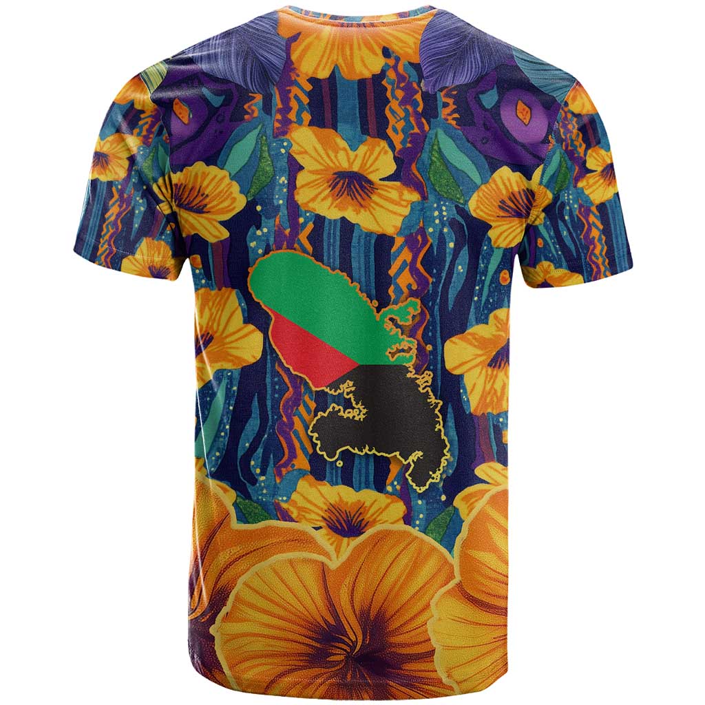 Martinique Map and Hibiscus T-Shirt Island Silhouette with Tribal Stripe Accents Graphic Tee