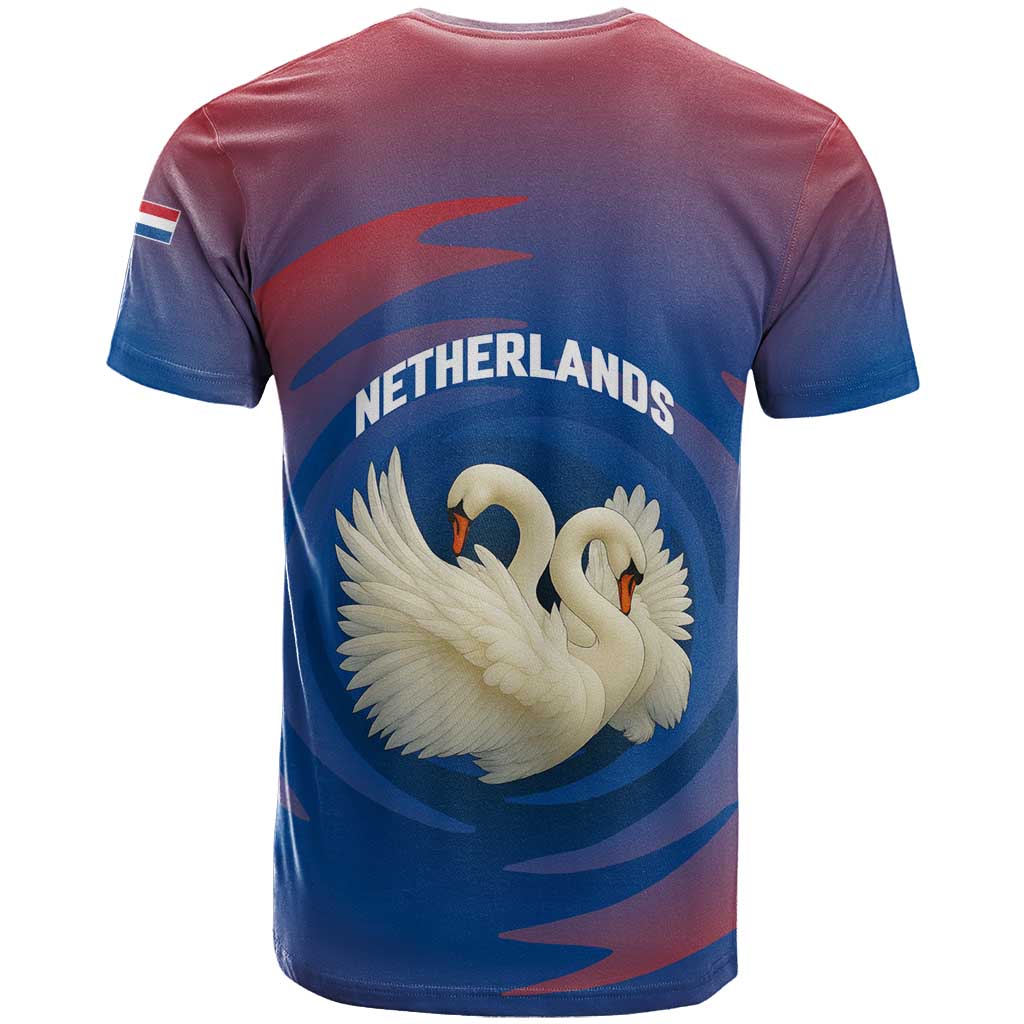Netherlands T-Shirt with Swan Couple Graphic and Dutch Flag in Gradient Red and Blue Design Graphic Tee