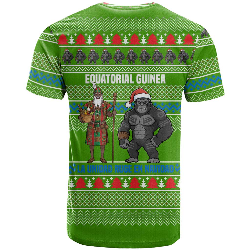 Equatorial Guinea Christmas T-Shirt with Santa Gorilla Gift Basket and Green Holiday Pattern Design Graphic Tee