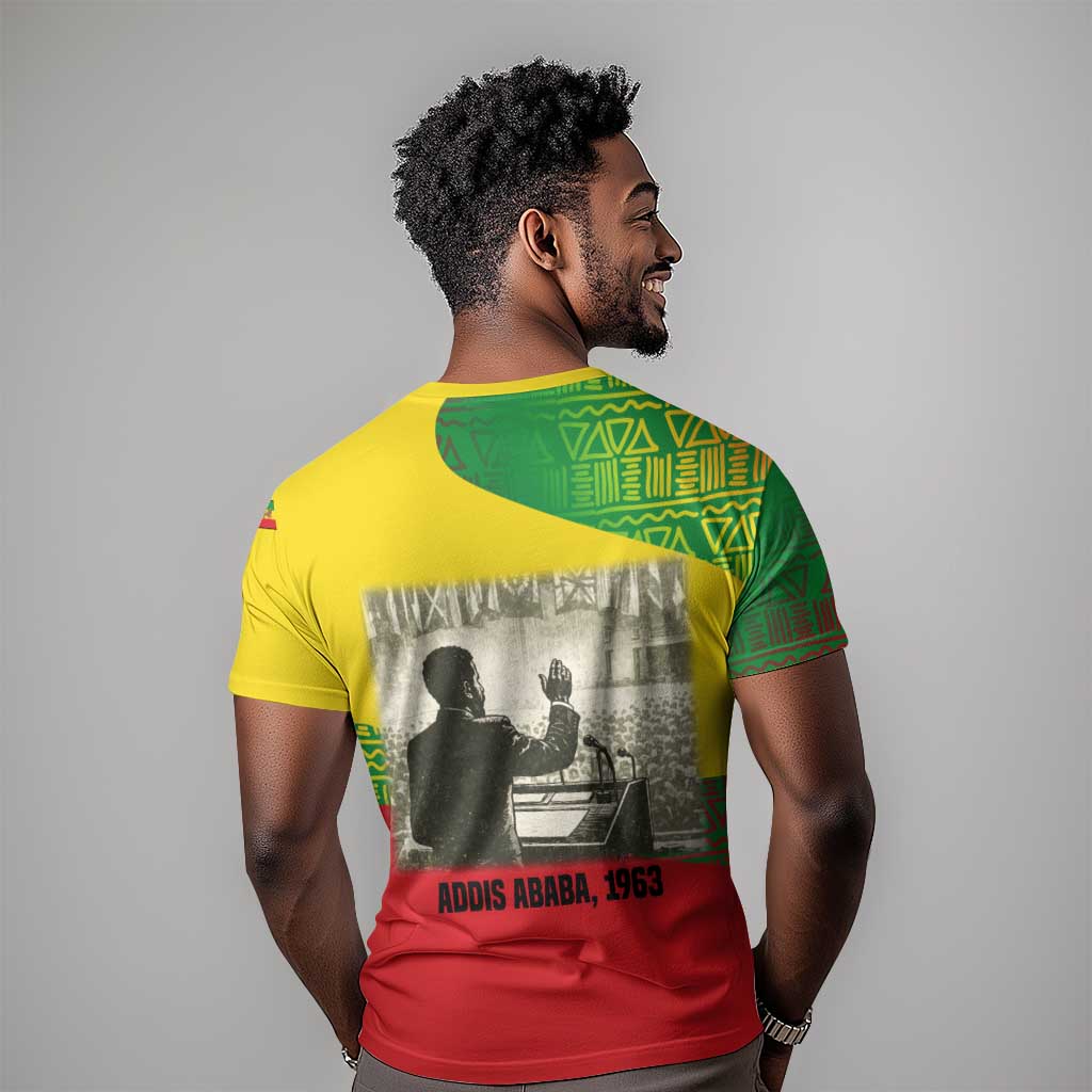 Ethiopia Haile Selassie I T-Shirt with Addis Ababa 1963 Speech Quote Pan-African Flag Colors and Kente Pattern Graphic Tee