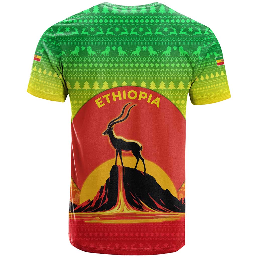 Ethiopia Christmas T-Shirt with Mountain Gazelle Sunset Ethiopian Flag Colors and Tribal Pattern Design Graphic Tee