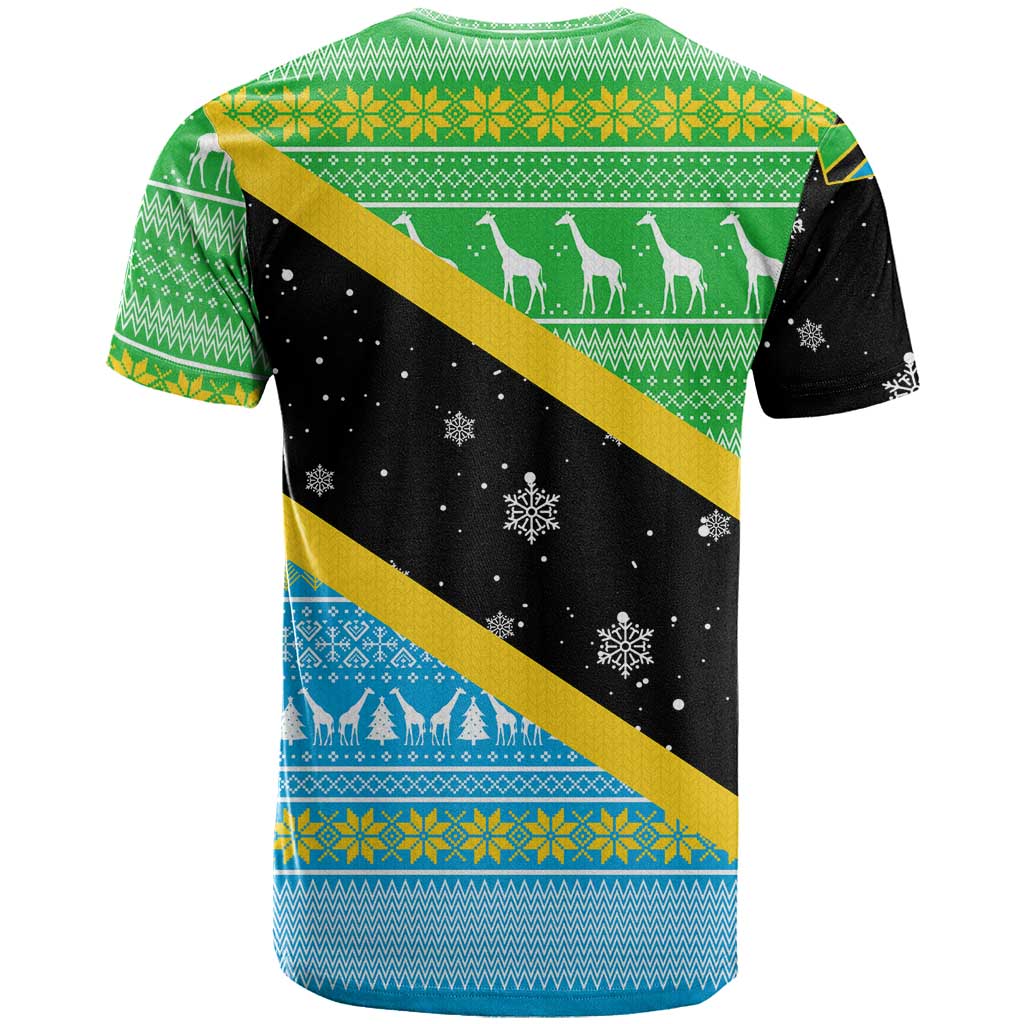 Tanzania Christmas T-Shirt with Giraffe Christmas Tree Snowflakes and Flag Graphic Tee