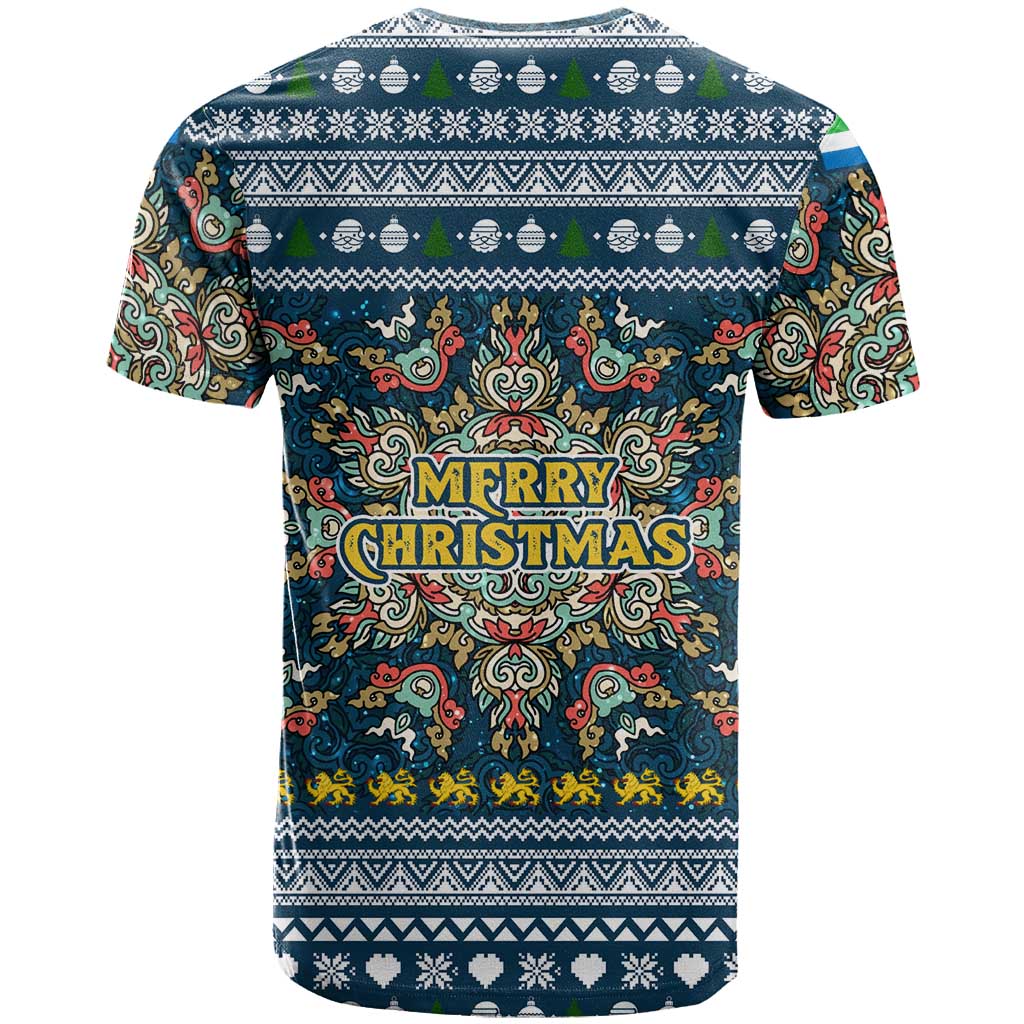 Sierra Leone Christmas T-Shirt with Ornamental Pattern, National Coat of Arms, and Festive Motif Graphic Tee