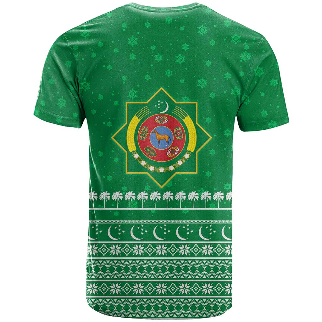 Turkmenistan Christmas T-Shirt with Traditional Santa Snowflake Crescent Moon and National Emblem Graphic Tee