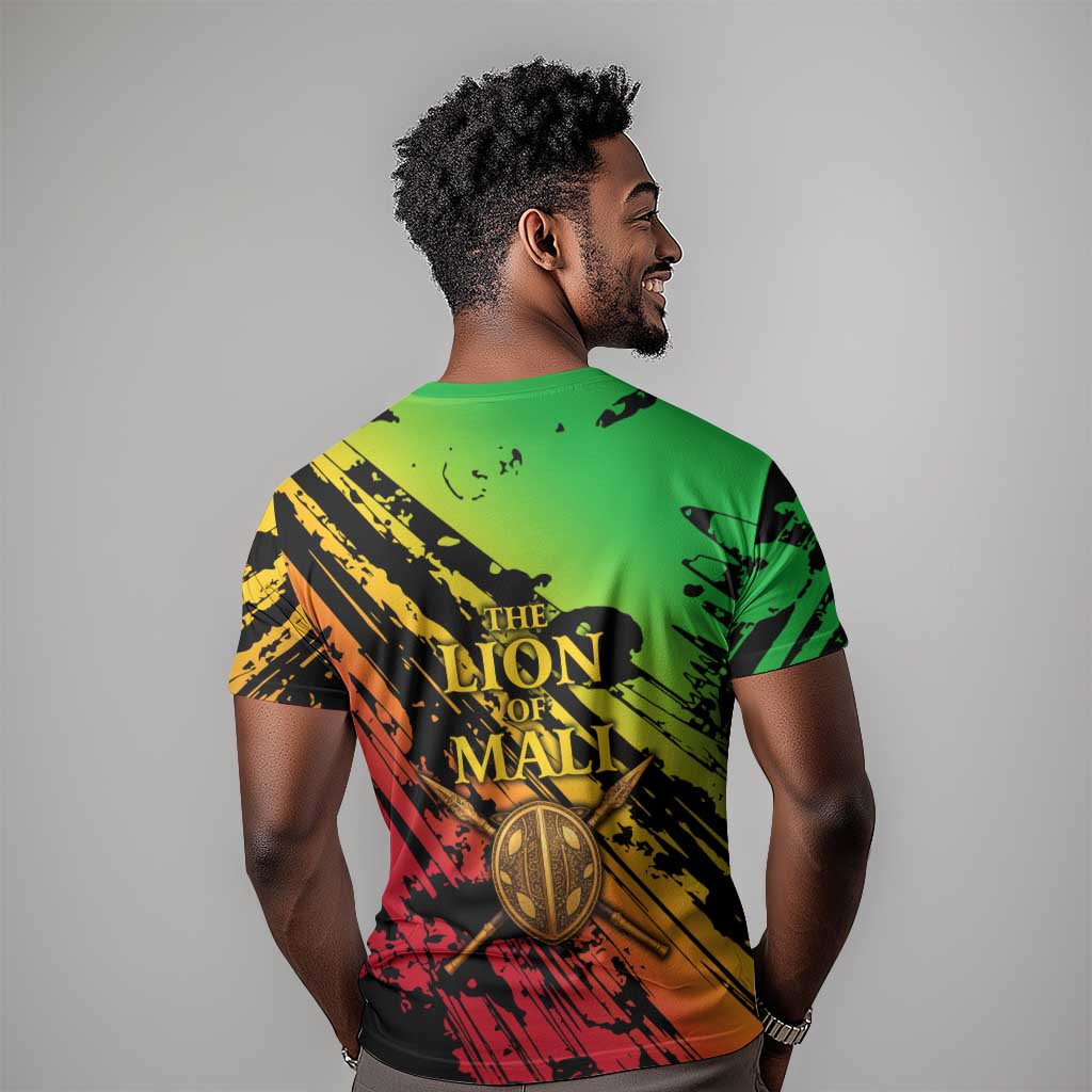 Sundiata Keita T-Shirt with Regal Portrait, Lion of Mali Title and Bold Tribal Brushstroke Pattern Graphic Tee