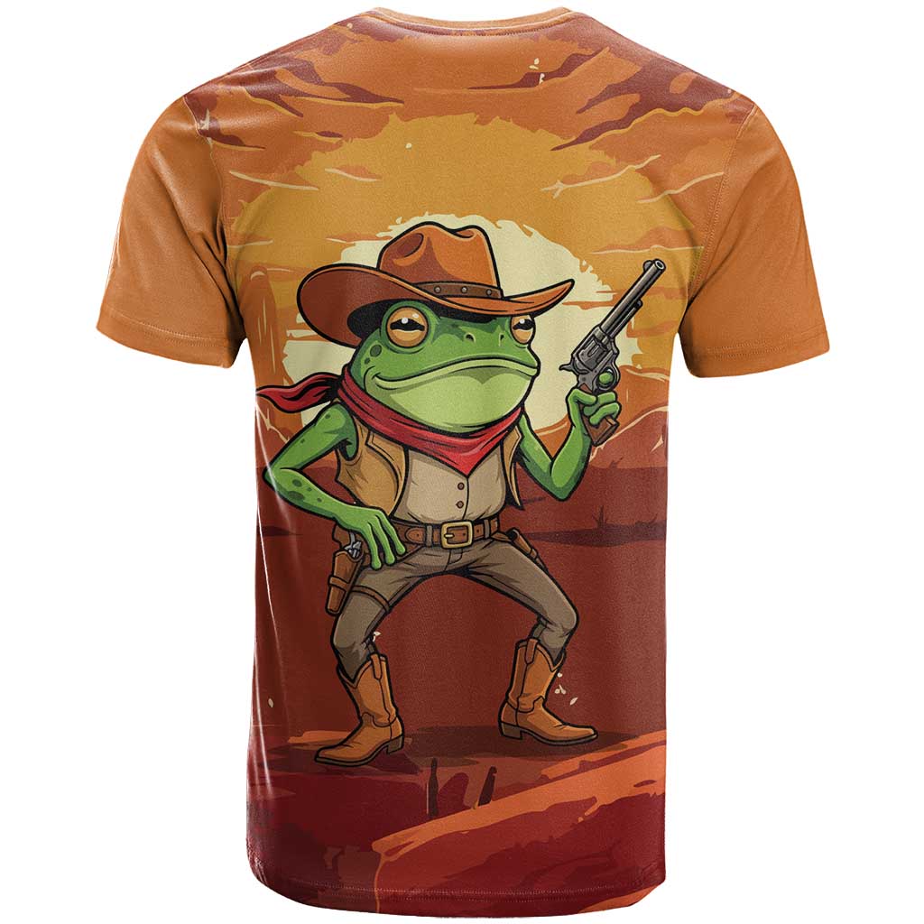 Cowboy Frog Outlaw T-Shirt with Desert Sunset Silhouette Pattern Graphic Tee