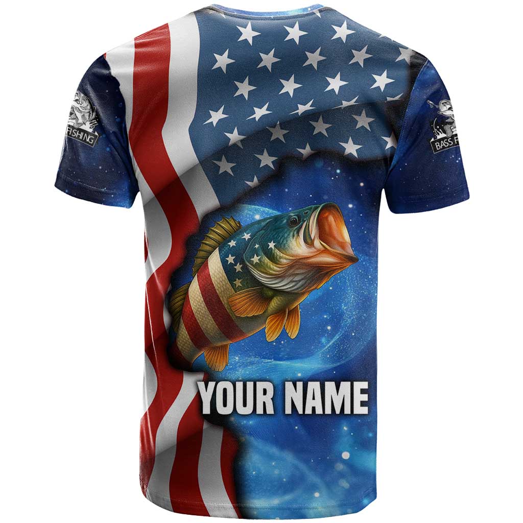 American Flag Bass Fishing Graphic T-Shirt Patriotic Fish and Starry Galaxy Background Graphic Tee