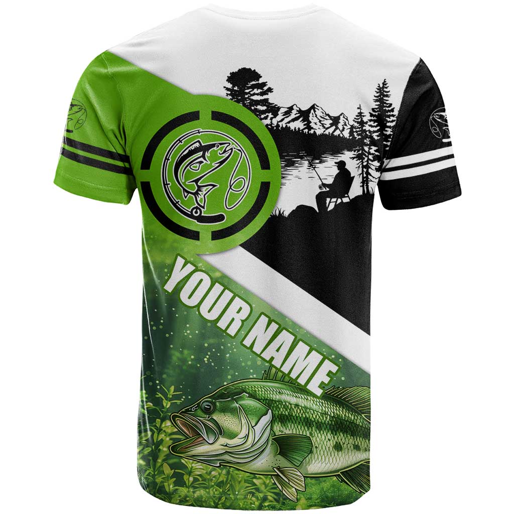 Green and Black Largemouth Bass Fishing T-Shirt Custom Name Design and Angler Silhouette Illustration Graphic Tee