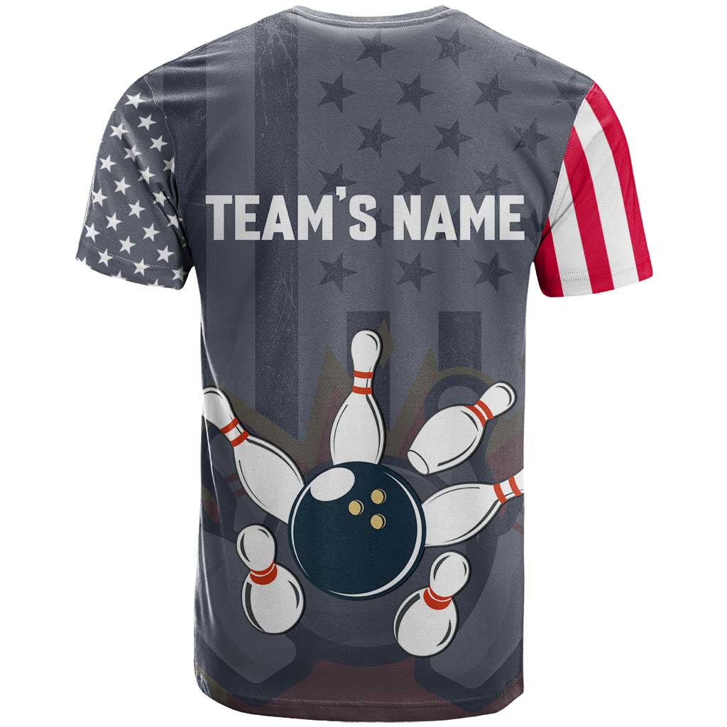 Custom Bowling Ball and Pins T-Shirt American Flag Stars and Stripes in Grunge Patriotic Graphic Tee