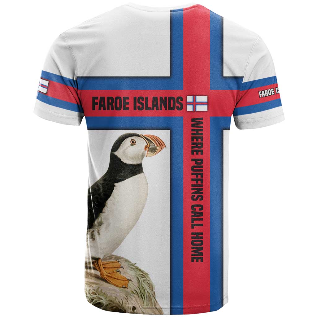 Faroe Islands T-Shirt with Red Blue Cross Design and Puffin Bird Graphic Tee
