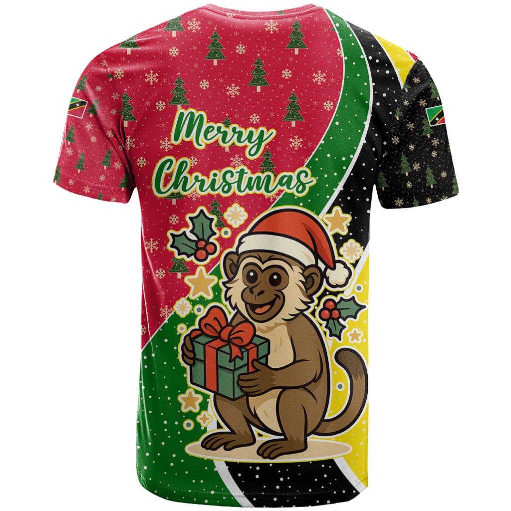 Saint Kitts and Nevis Christmas T-Shirt with Red Green Black Xmas Monkey Gift and Coat of Arms Graphic Tee