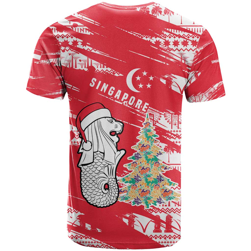 Singapore Christmas T-Shirt with Merlion Santa Hat Batik Christmas Tree and City Skyline Design Graphic Tee