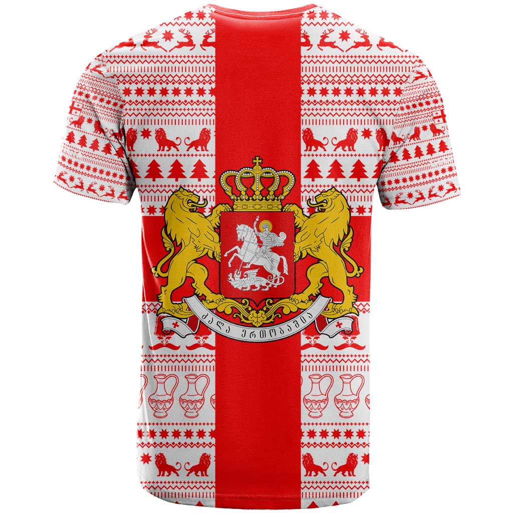 Georgia Christmas T-Shirt with Santa in Chokha Wine Barrel Gingerbread and Coat of Arms Design Graphic Tee