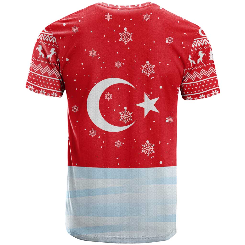 Turkey Christmas T-Shirt with Santa on Horse Red Snowflake Pattern and Crescent Star Graphic Tee