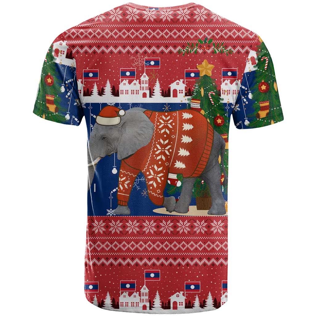 Laos Christmas T-Shirt with Festive Elephant Design and Holiday Village Pattern Graphic Tee