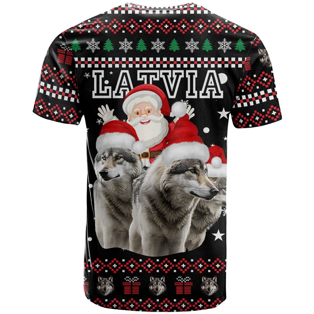 Latvia Christmas T-Shirt with Santa Claus and Wolves in Holiday Pattern Design Graphic Tee