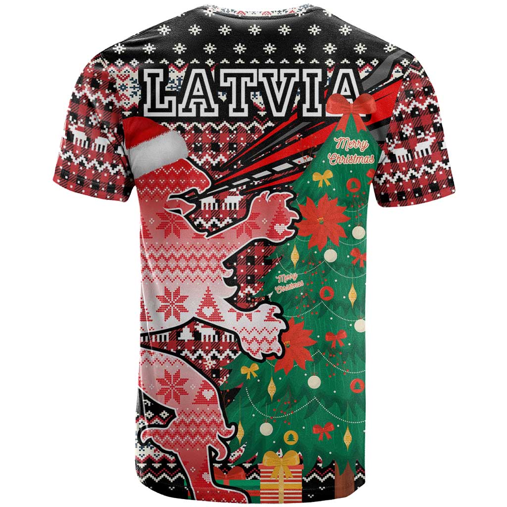 Latvia Christmas T-Shirt with Red Lion, Holiday Tree, and Nordic Pattern Design Graphic Tee