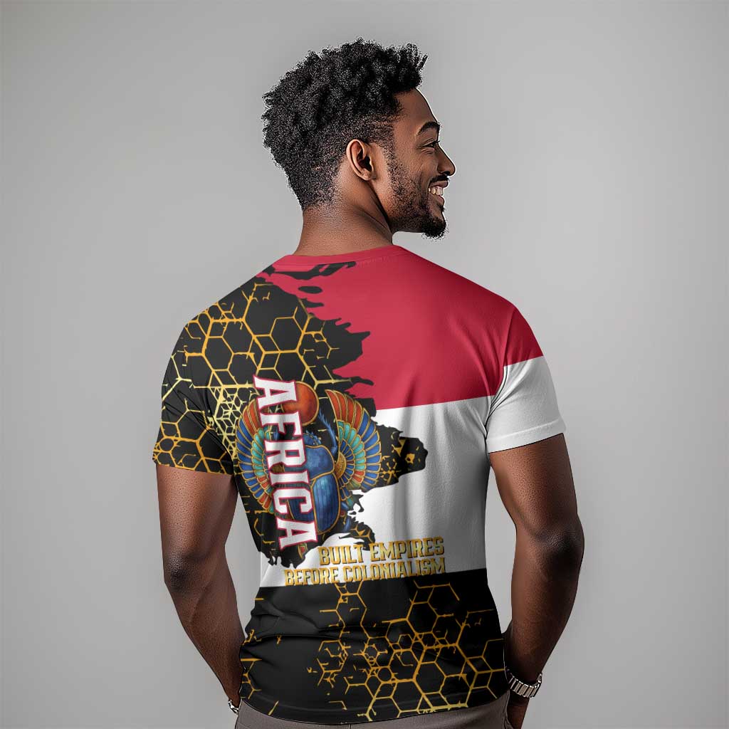 Hatshepsut T-Shirt with Royal Portrait, Pre-Colonial Empires Text and Red-Black Honeycomb Graphic Tee