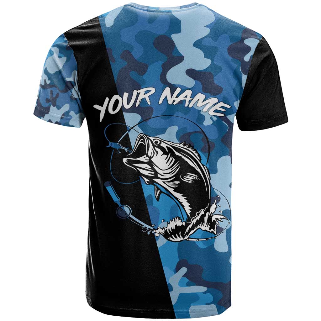 Custom Blue Camo Bass Fishing T-Shirt Fishing Rod Graphic Design Graphic Tee