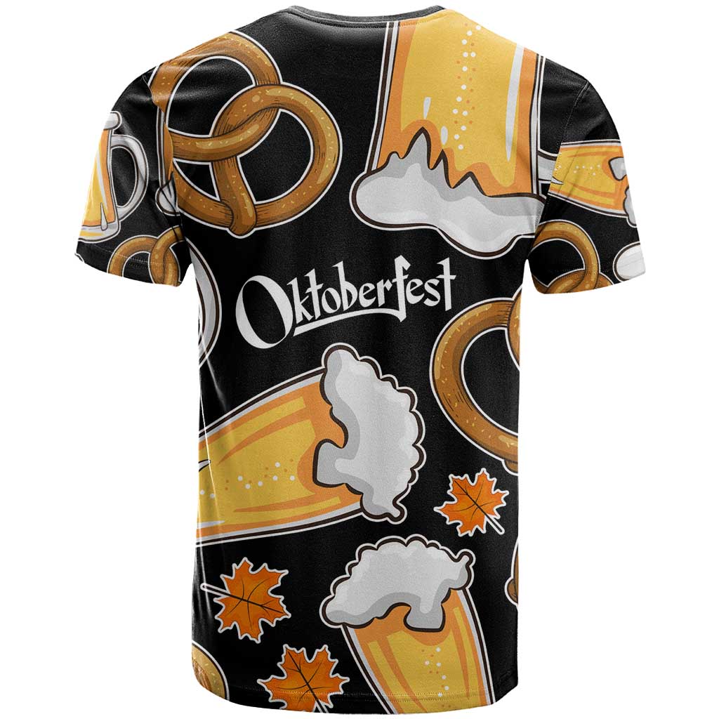Oktoberfest T-Shirt with Beer Mug and Pretzel Illustration Black Festive Graphic Tee
