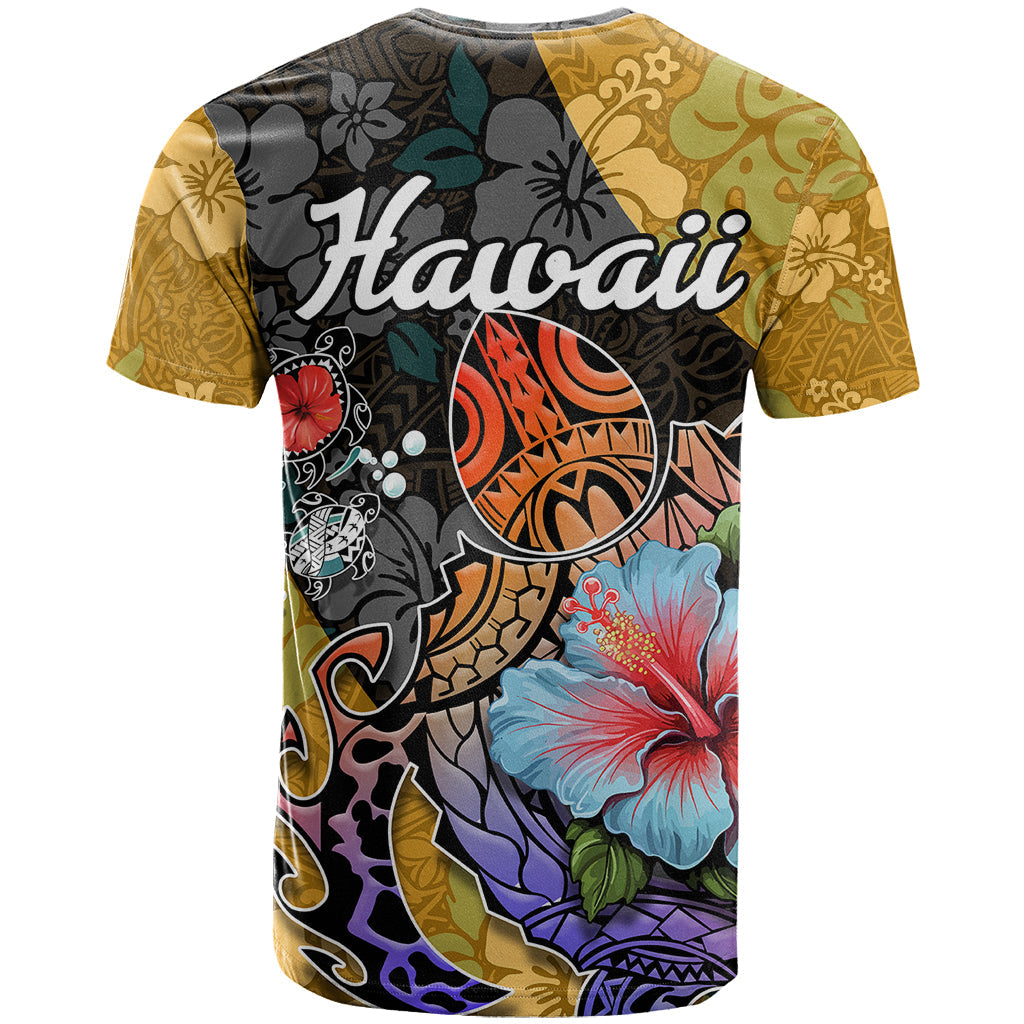 Hawaii Polynesian T-Shirt Turtles and Hibiscus Flower Gradient Pattern Graphic Tee