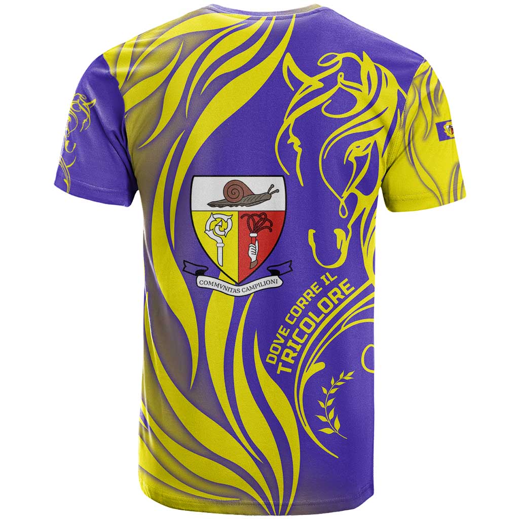 Campione dItalia T-Shirt with Yellow Horse Graphic and Purple Flame Crest Graphic Tee