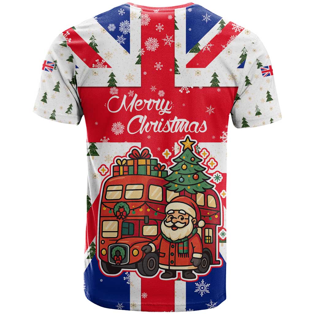England Christmas T-Shirt with Red White Blue Santa Bus Tree and Three Lions Design Graphic Tee