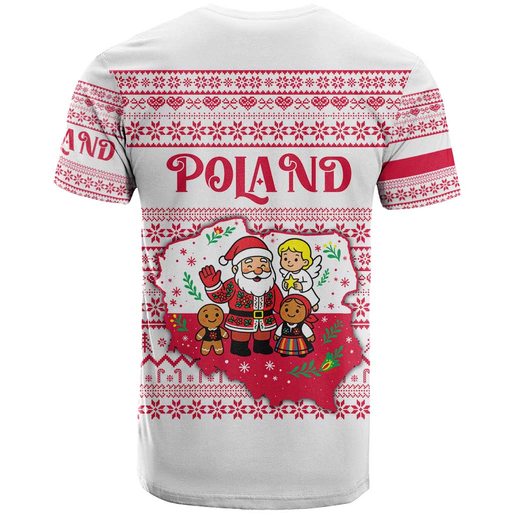 Poland Christmas T-Shirt with Santa Children Gingerbread Map Outline and Red Snowflake Knit Pattern Design Graphic Tee