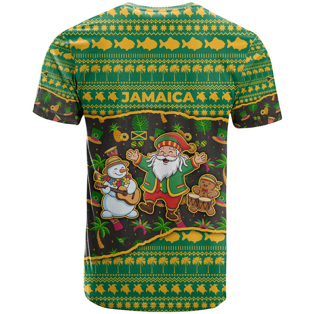 Jamaica Christmas T-Shirt with Rasta Santa Snowman Gingerbread Drummer Palm Trees and Green Yellow Knit Pattern Design Graphic Tee