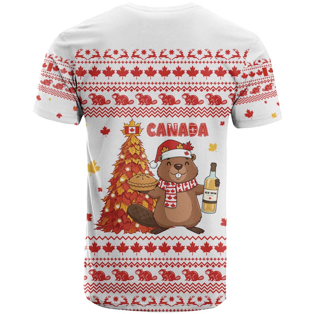 Canada Christmas T-Shirt with Beaver Maple Tree Ice Wine Pie and Red White Knit Pattern Design Graphic Tee