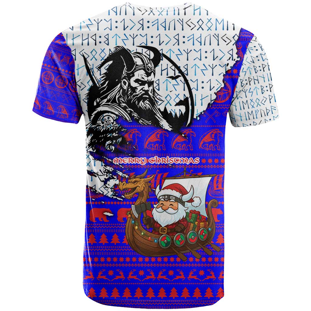 Viking Christmas T-Shirt with Santa in Longship Dragon Head Helmet Runes Blue Red Knit Pattern Design Graphic Tee