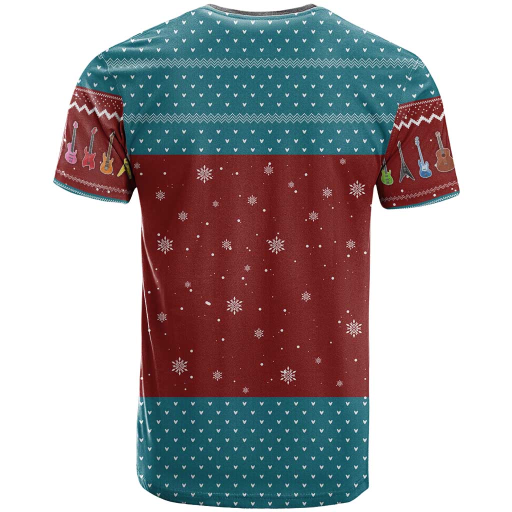 Christmas Guitar T-Shirt with Santa Hats Trees Snowflakes and Musical Pattern Graphic Tee