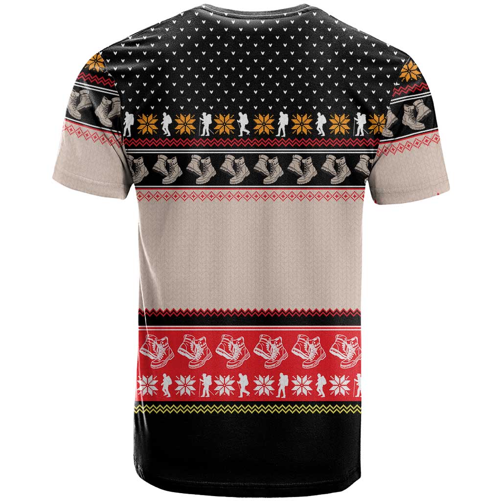 Hiking Christmas T-Shirt with Mountains Trees and Winter Holiday Pattern Graphic Tee