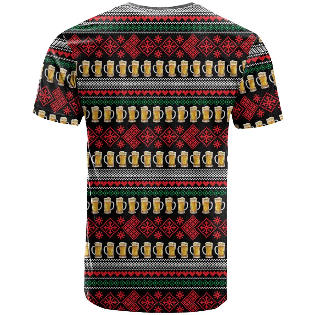 Santa Hold My Beer Christmas T-Shirt with Beer Mugs and Holiday Pattern Graphic Tee