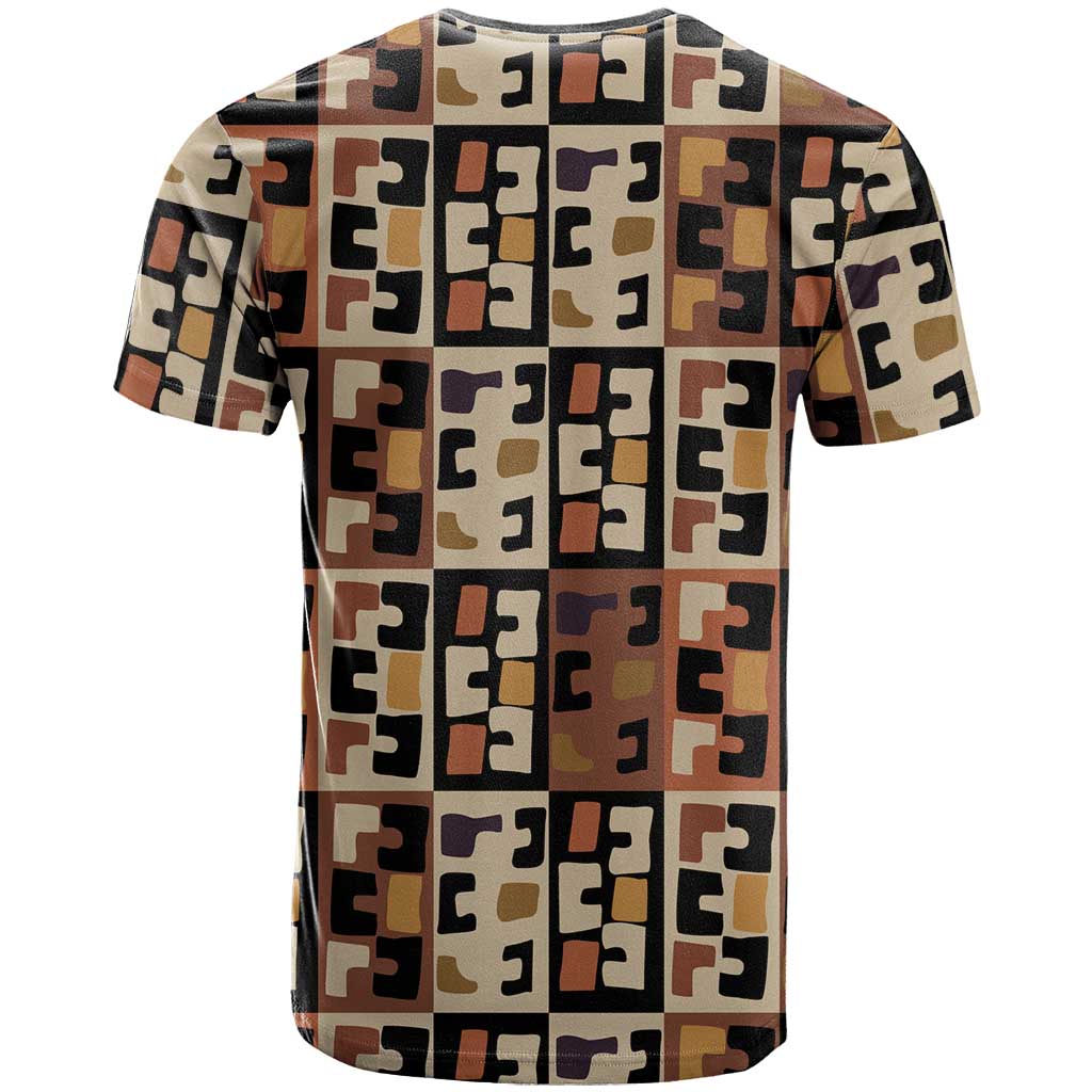 Kuba Flow T-Shirt with Geometric Tribal Blocks and Earth-Tone Mosaic Design Graphic Tee
