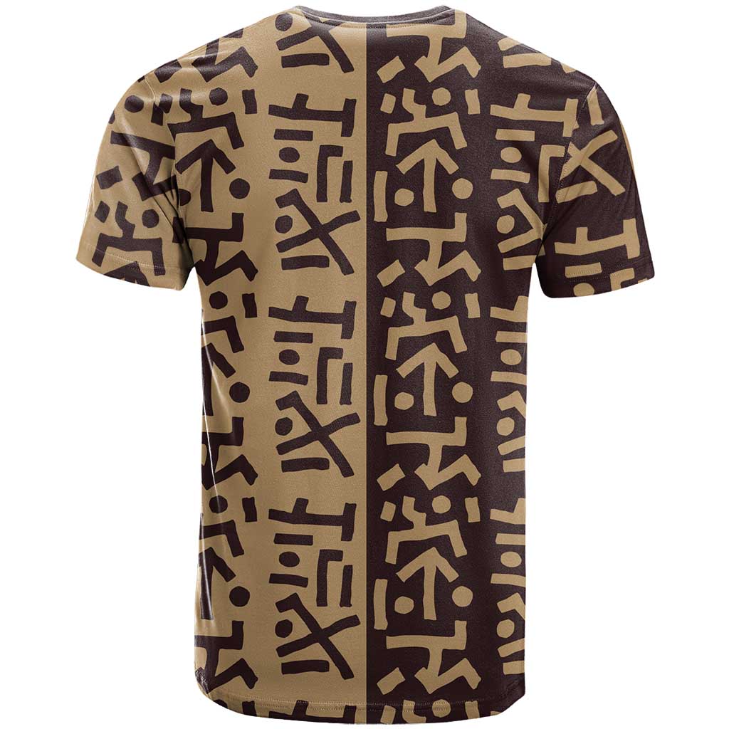 Tribe Script T-Shirt with Bold Mudcloth Symbols and Brown Tan Split Design Graphic Tee