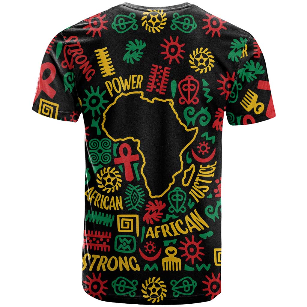 African Map Symbol T-Shirt with Red Yellow Green Tribal Symbols and Empowering Pattern Graphic Tee