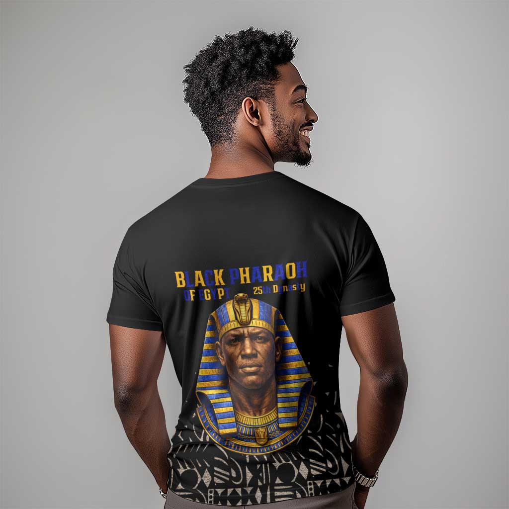 Taharqa T-Shirt with Black Pharaoh Portrait, 25th Dynasty of Egypt Text and Nubian-Inspired Graphic Tee