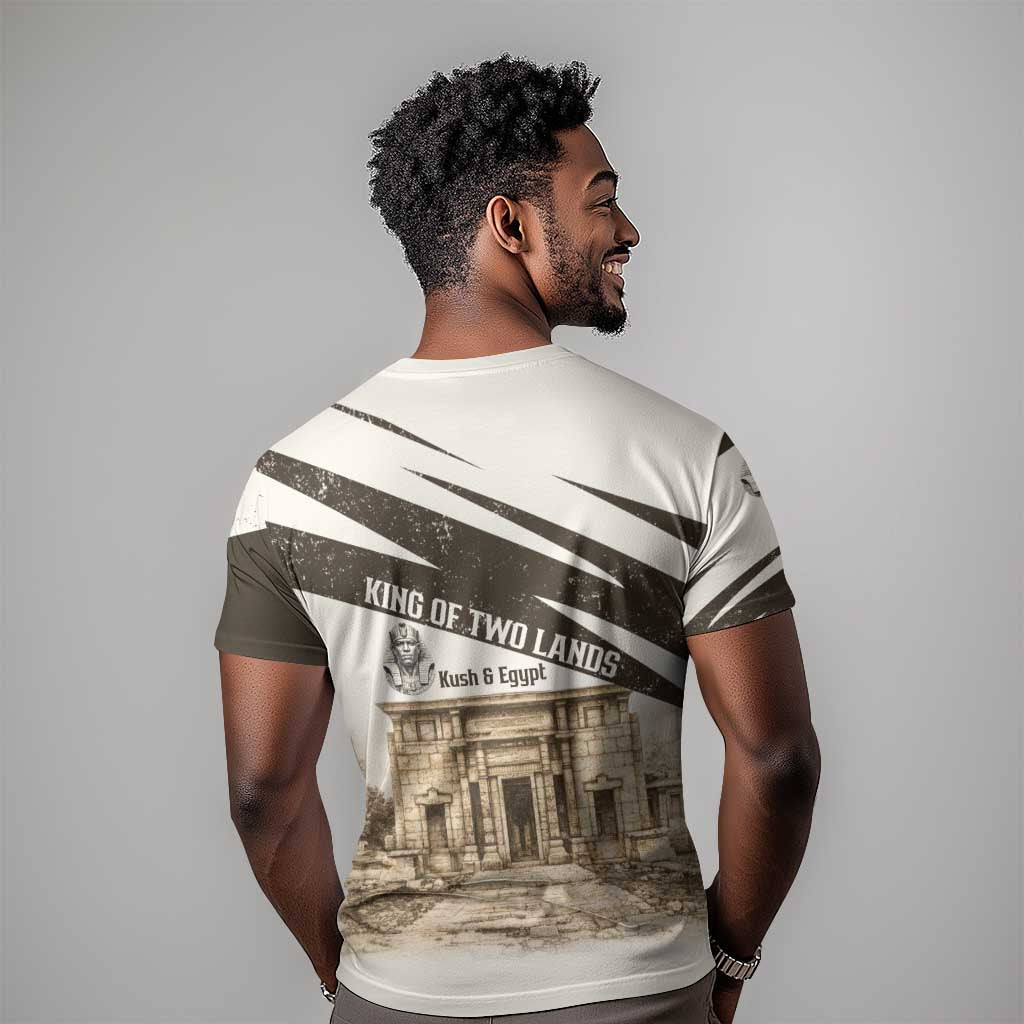Taharqa T-Shirt with Ancient Map Illustration, King of Two Lands Title and Kush Egypt Temple Graphic Tee