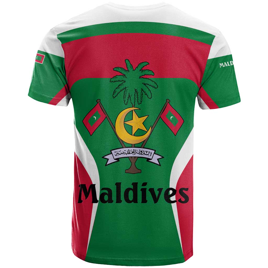 Maldives National Flag and Emblem T-Shirt with Green Red White Colorblock Design Graphic Tee