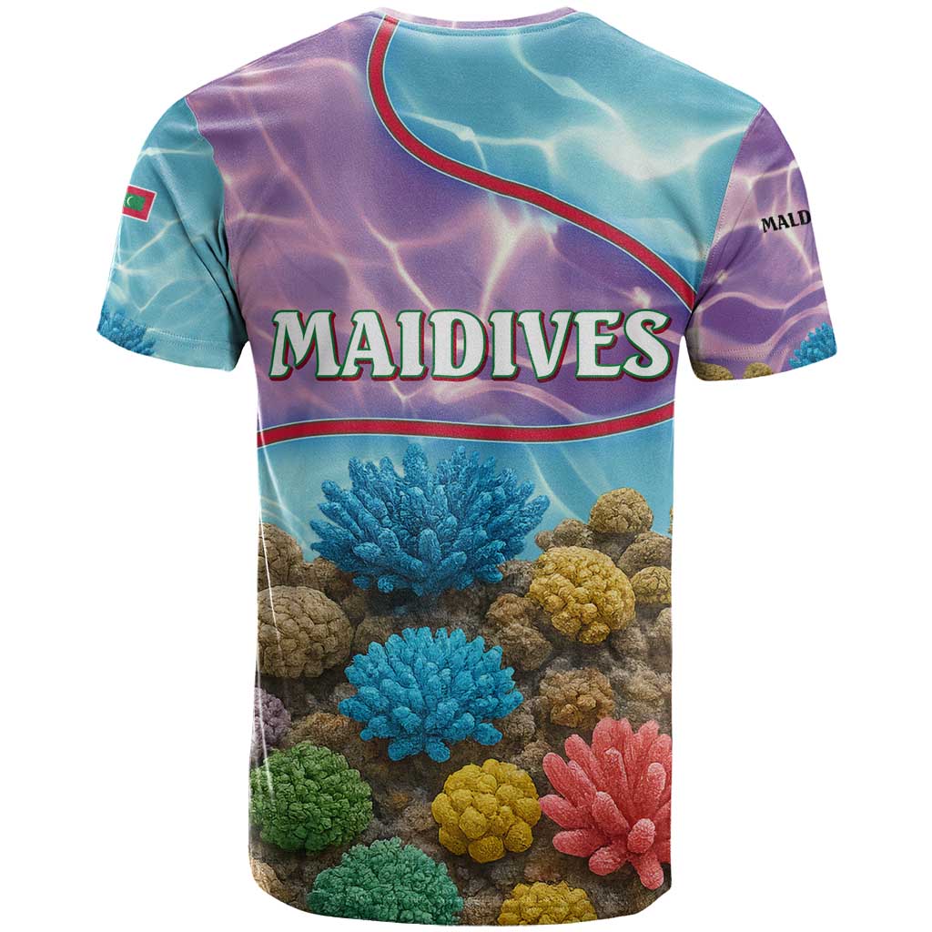 Maldives Coral Reef Ocean Print T-Shirt with Underwater Pastel Blue and Purple Design Graphic Tee