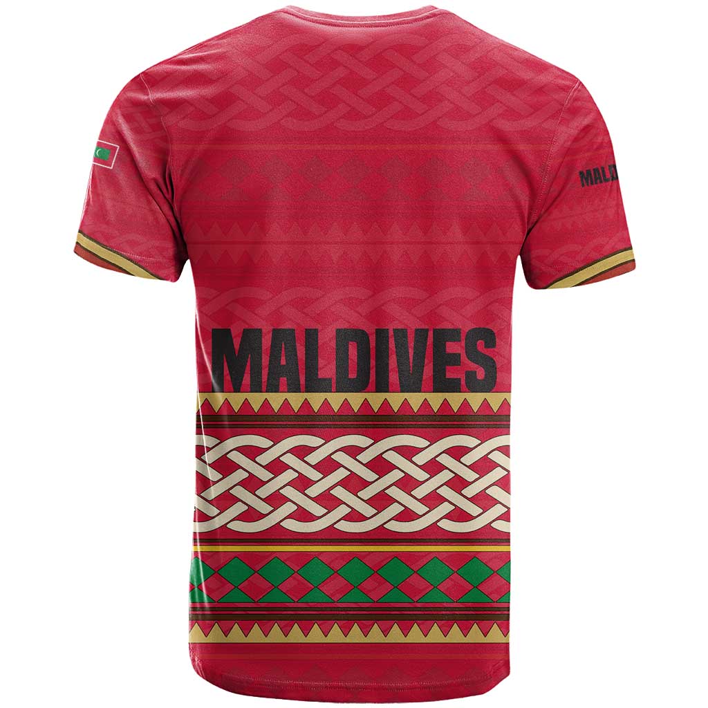 Maldives Tribal Heritage Red T-Shirt with Cultural Geometric Pattern and Island Flag Print Graphic Tee