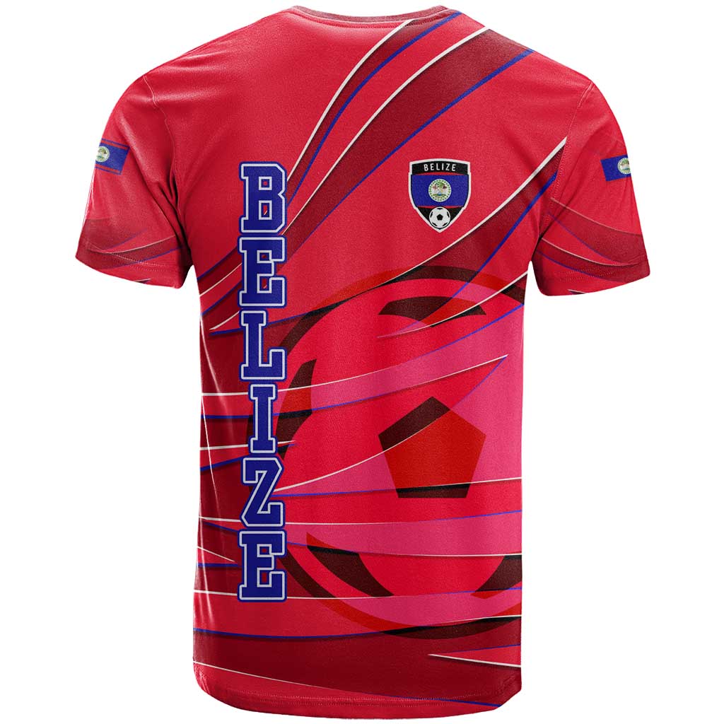 Belize Football T-Shirt with Red Abstract Soccer Pattern and Shield Emblem Graphic Tee